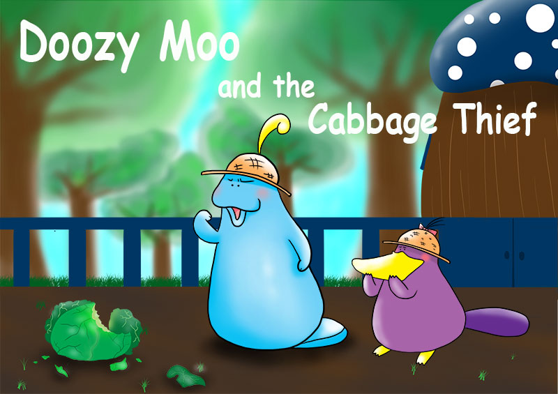 Title page for the children’s picture book called Doozy Moo and the Cabbage Thief.