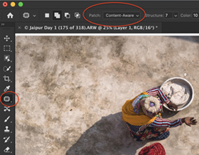 Screenshot of Photoshop workspace. Shows patch tool and toolbar.