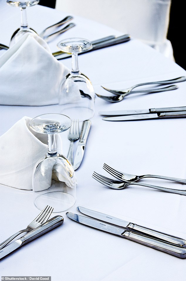 Starter cutlery is usually placed on the outside and main course implements on the inside with the wine glass at the top right of the setting (stock image)