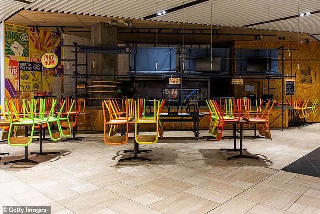 A restaurant in a food court is closed with chairs placed on top of tables during Melbourne