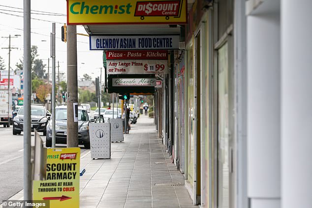 Empty rows of shops with no customers on the main road in the hotspot suburb of Glenroy in Melboourne in July