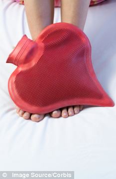 Feet and a heart shaped hot water bottle