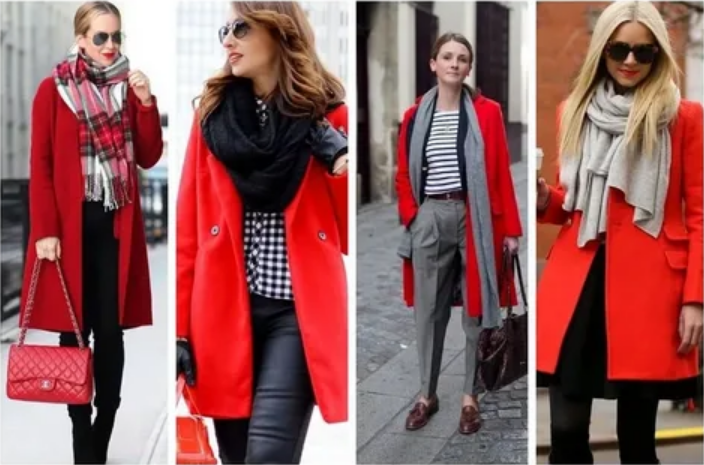 красное пальто с глубоким вырезом и шарфы