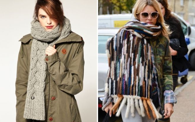 как модно завязать толстый шарф на пальто