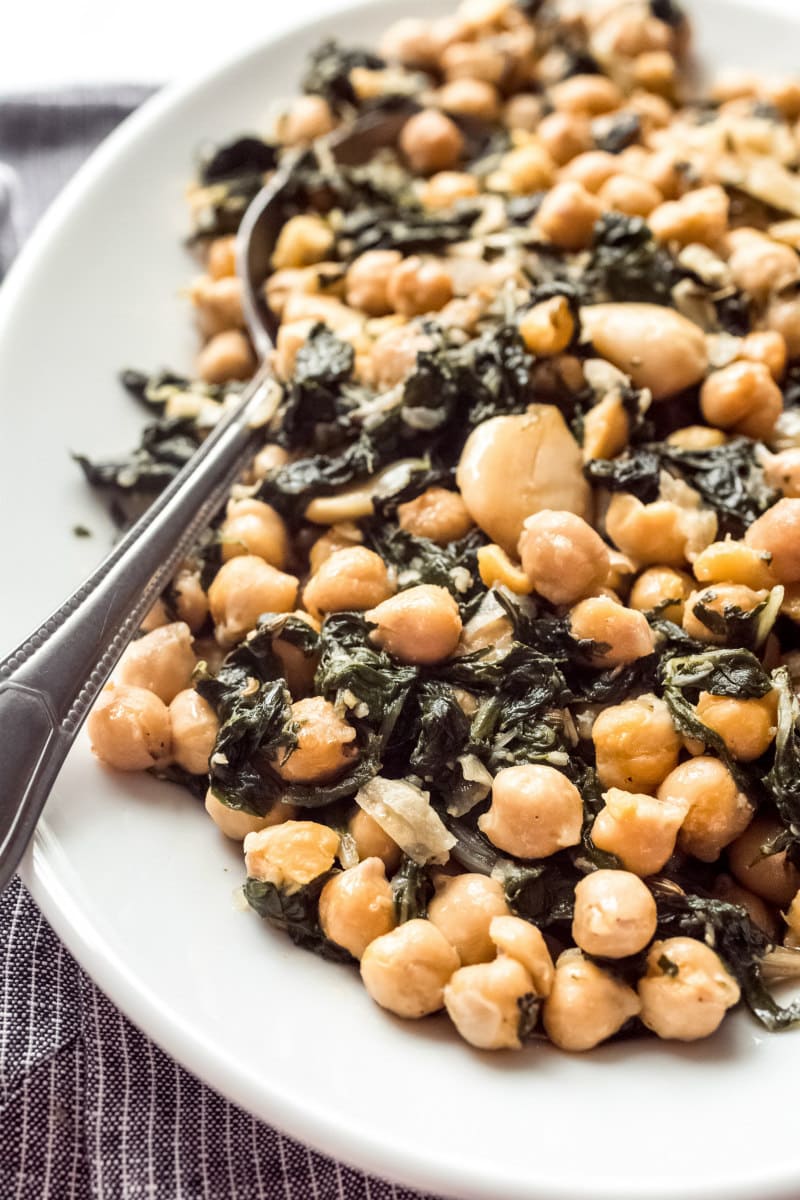 Roasted Garbanzo Beans with garlic and swiss chard ready to serve