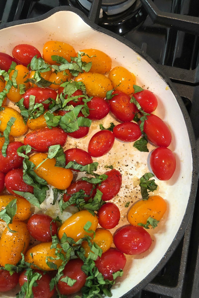 sauteed cherry tomatoes in the pan